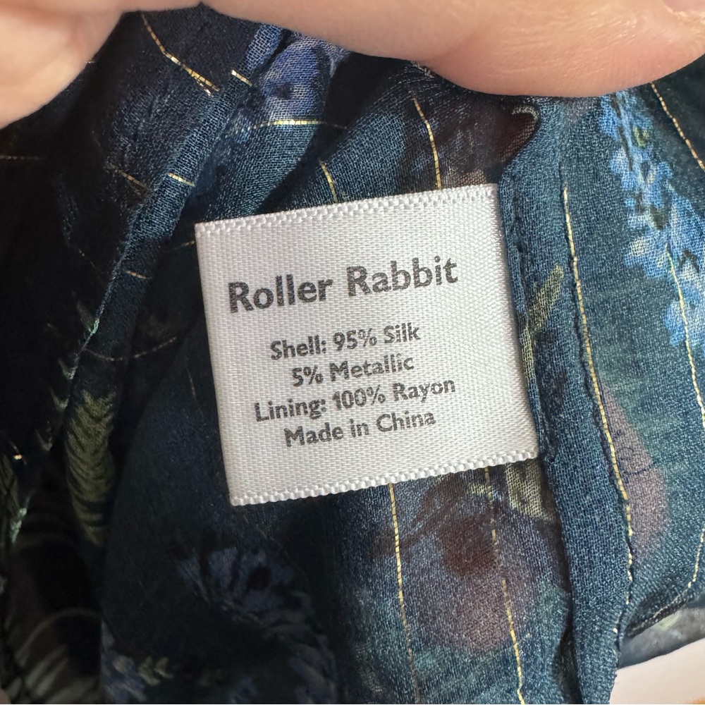Roller Rabbit Silk Midi Dress Blue Metallic Floral Size L - Picture 6 of 7